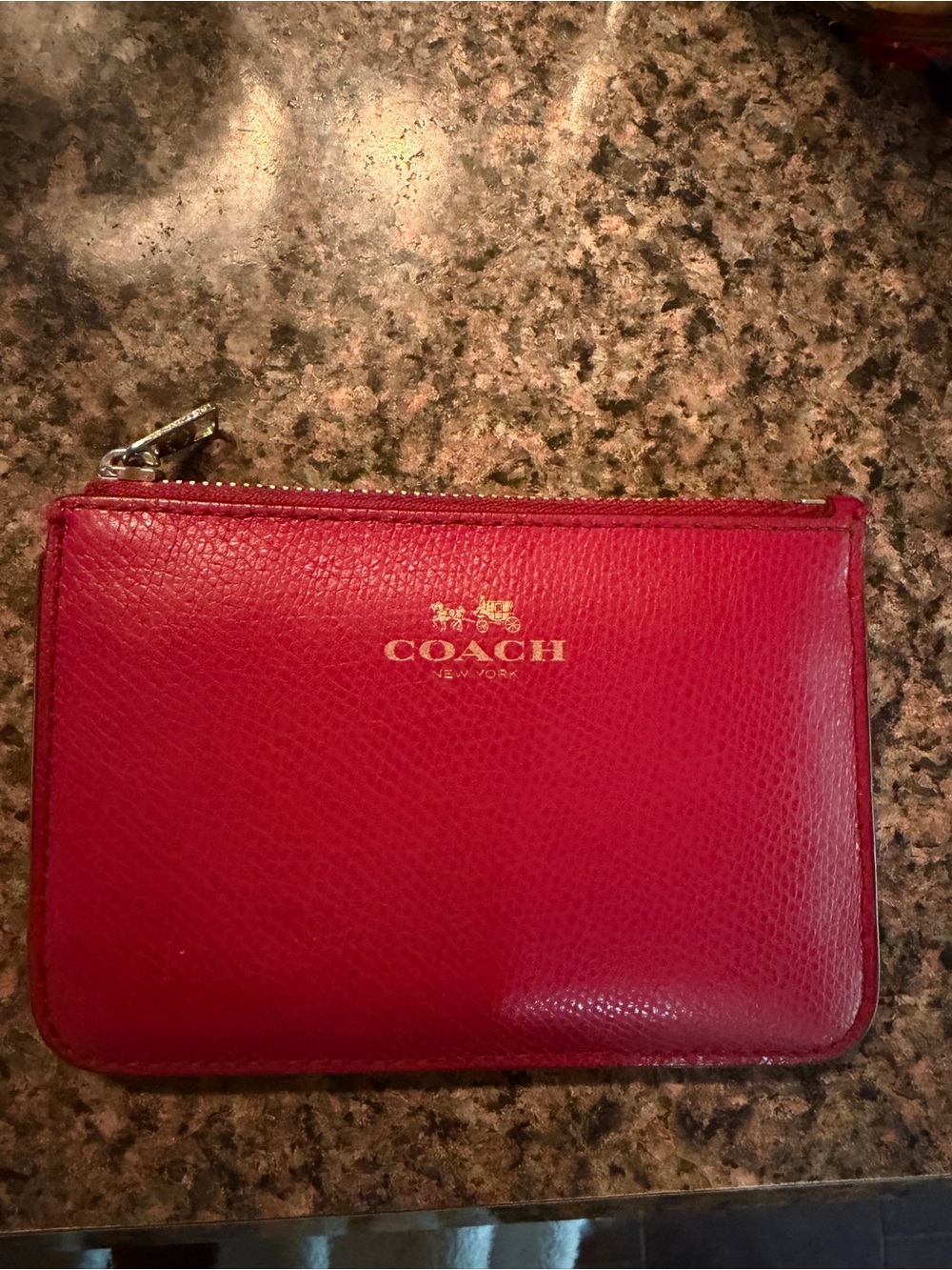 Coach Red Pebbled Leather Zip Card Pouch with Gold Logo